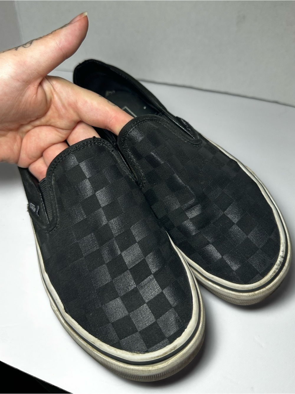 Vans Classic Slip-On Black on Black Checkerboard Shoe Women’s 7 Men’s 5.5